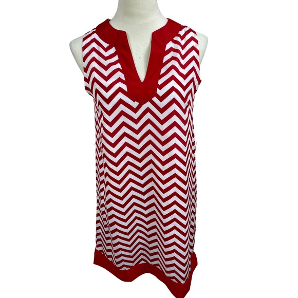 Mud Pie Sleeveless Dress Chevron Print Casual Red White Size S Vacation Nautical - Picture 1 of 6